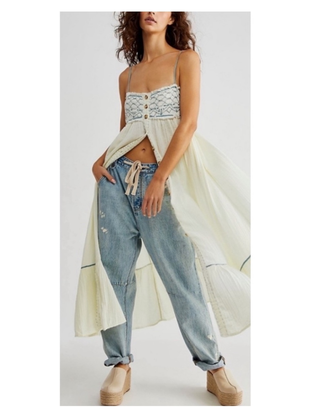Free People Linda Jo Cream & Light Blue Midi Duster Dress